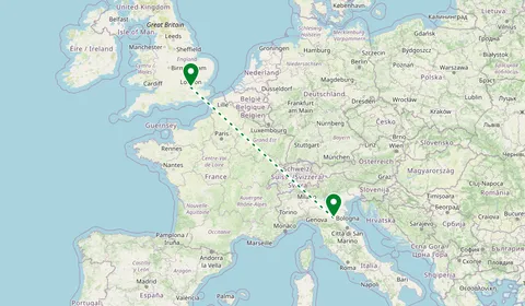 Kaart met de route van Londen naar Bologna