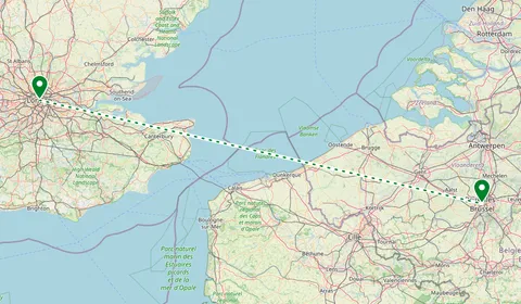 Kaart met de route van Londen naar Brussel
