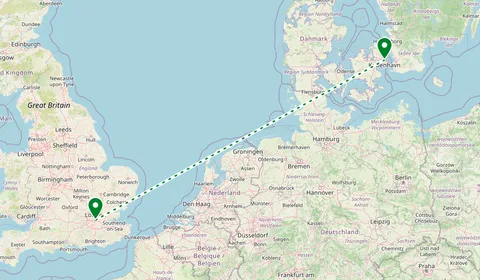 Kaart met de route van Londen naar Kopenhagen