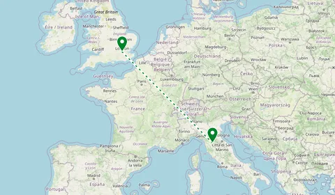 Kaart met de route van London naar Florence