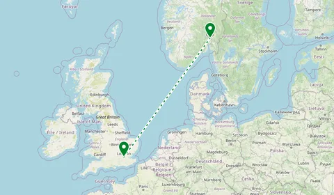 Kaart met de route van Londen naar Oslo