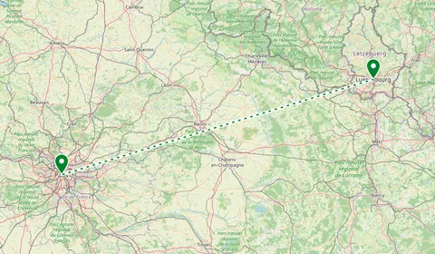 Kaart met de route van Luxemburg naar Parijs