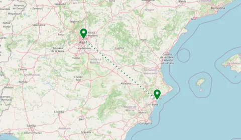 Kaart met de route van Madrid naar Alicante