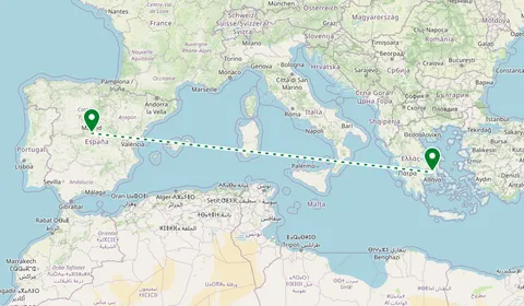 Kaart met de route van Madrid naar Athene