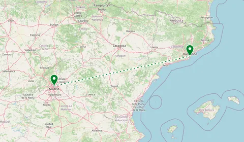 Kaart met de route van Madrid naar Barcelona