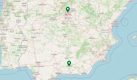 Kaart met de route van Madrid naar Granada