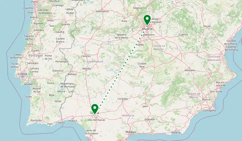 Kaart met de route van Madrid naar Sevilla