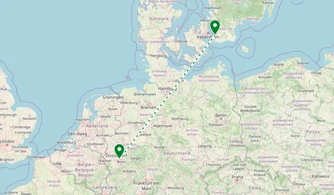 Kaart met de route van Malmö naar Keulen