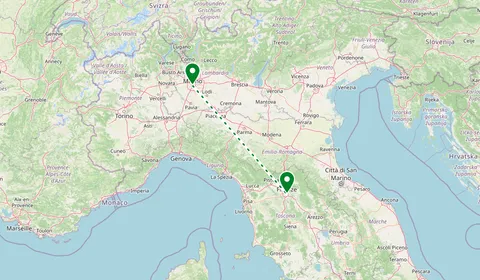 Kaart met de route van Milaan naar Florence