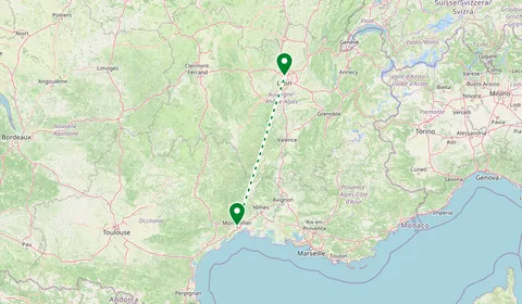 Kaart met de route van Montpellier naar Lyon
