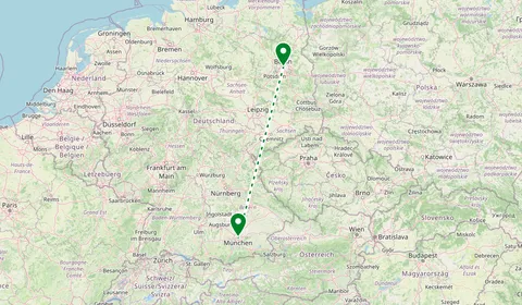 Kaart met de route van München naar Berlijn
