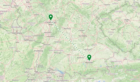 Kaart met de route van München naar Frankfurt