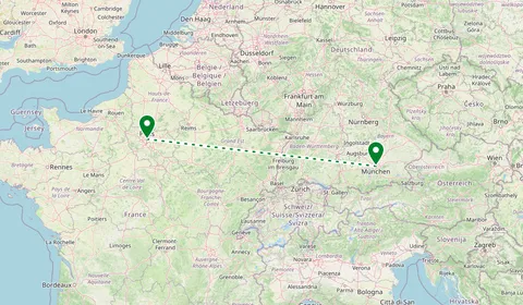Kaart met de route van München naar Parijs
