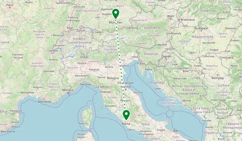Kaart met de route van München naar Rome
