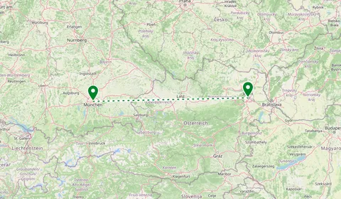 Kaart met de route van München naar Wenen