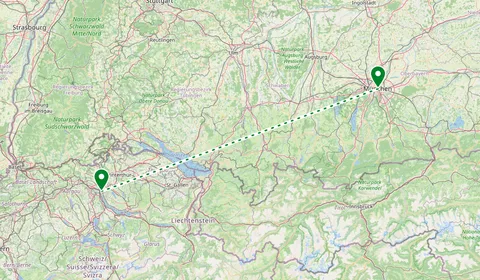 Kaart met de route van München naar Zürich