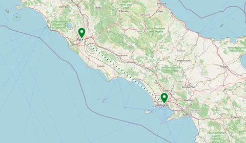 Kaart met de route van Napels naar Rome