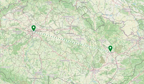 Kaart met de route van Olomouc naar Praag