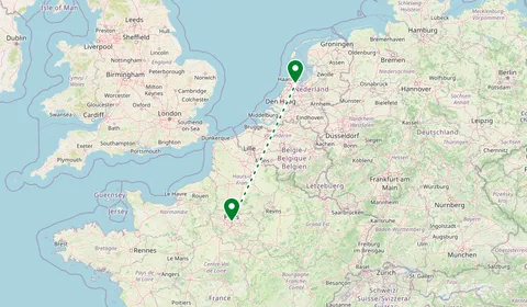 Kaart met de route van Parijs naar Amsterdam