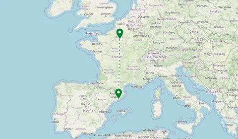 Kaart met de route van Parijs naar Barcelona