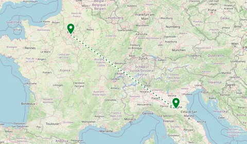 Kaart met de route van Parijs naar Bologna