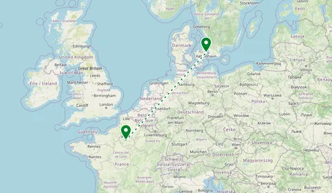 Kaart met de route van Parijs naar Kopenhagen