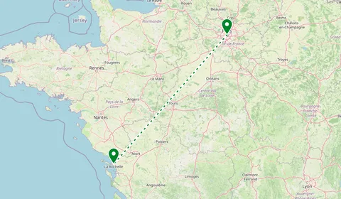 Kaart met de route van Parijs naar La Rochelle