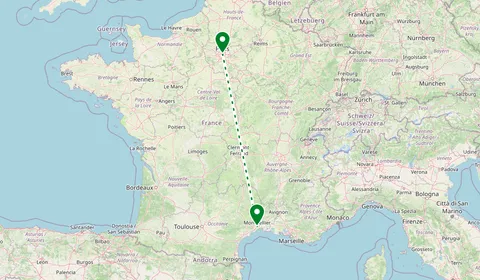 Kaart met de route van Parijs naar Montpellier