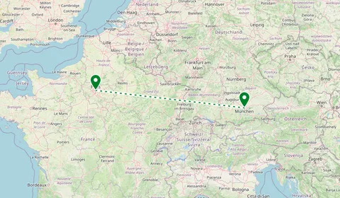 Kaart met de route van Parijs naar München