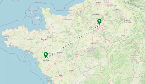 Kaart met de route van Parijs naar Nantes