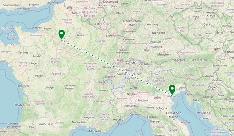 Kaart met de route van Parijs naar Venetië