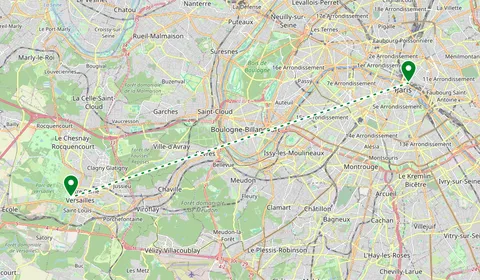 Kaart met de route van Parijs naar Versailles