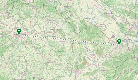 Kaart met de route van Prague naar Ostrava