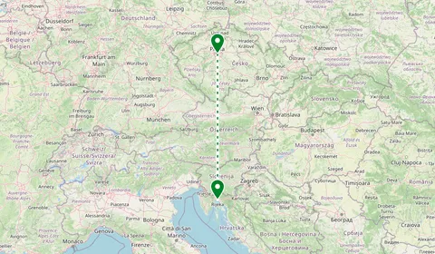 Kaart met de route van Praag naar Rijeka