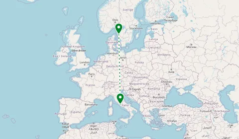 Kaart met de route van Rome naar Göteborg