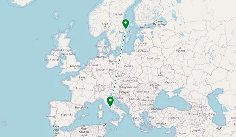 Kaart met de route van Rome naar Stockholm