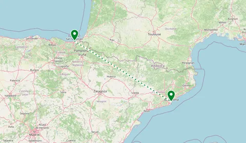 Kaart met de route van San Sebastián naar Barcelona