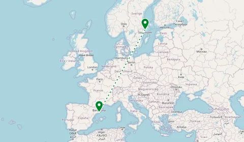 Kaart met de route van Stockholm naar Barcelona