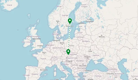 Kaart met de route van Stockholm naar Bratislava