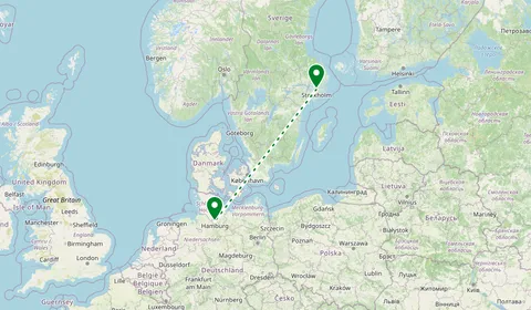 Kaart met de route van Stockholm naar Hamburg