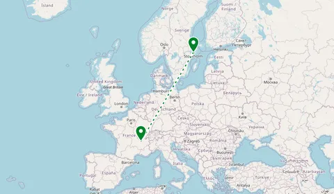 Kaart met de route van Stockholm naar Lyon