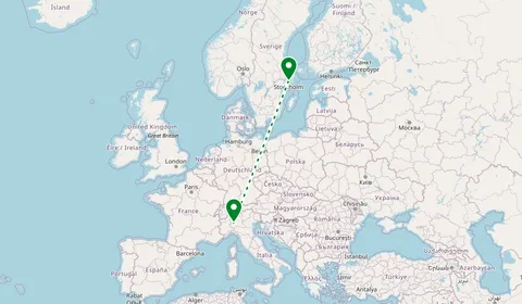 Kaart met de route van Stockholm naar Milaan