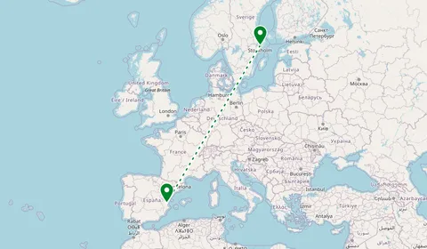 Kaart met de route van Stockholm naar Valencia