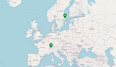 Kaart met de route van Stockholm naar Visp