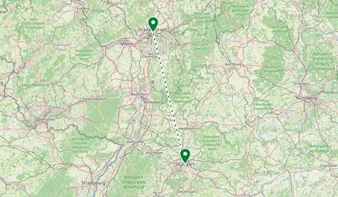 Kaart met de route van Stuttgart naar Frankfurt
