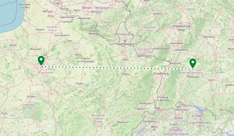 Kaart met de route van Stuttgart naar Parijs