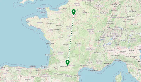 Kaart met de route van Toulouse naar Parijs