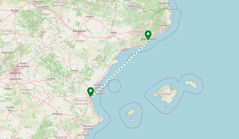 Kaart met de route van Valencia naar Barcelona