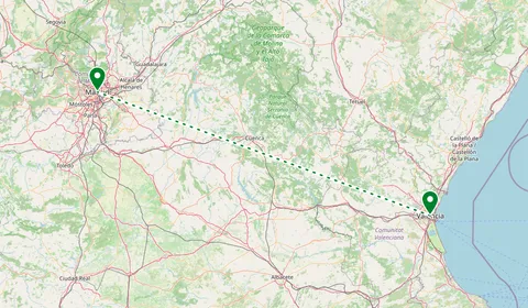 Kaart met de route van Valencia naar Madrid