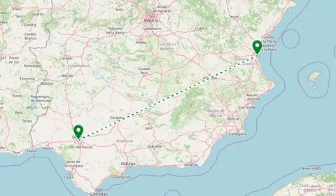 Kaart met de route van Valencia naar Sevilla